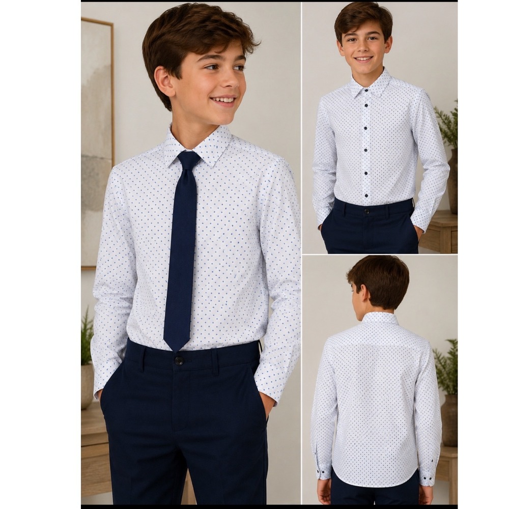 Calvin Klein Boys Slim Fit Stretch Dress Shirt and Tie Set Blue White Size‎ 14